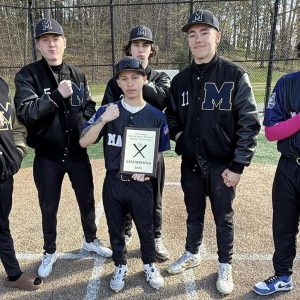 SERINO CLASSIC CHAMPIONS!  — Senior captain with the Serino Classic Championship plaque. From left, Billy Gavin, Ryan McMahon. Gino Spadafora (front), T.J. Lynch, rear, Jackson Tourkantonis and Eudy Francisco. (Courtesy/Malden Public Schools Athletics)