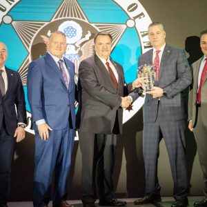 Middlesex Sheriff Peter J. Koutoujian (second from right) was given the 2023 Major County Sheriffs of America (MCSA) Sheriff of the Year award in Washington, D.C., on Friday, February 9. Pictured with Sheriff Koutoujian, from left to right, are Secretary of Homeland Security Alejandro Mayorkas, Motorola Solutions Vice President Frank Galvin, MCSA President Bill Brown and MCSA Immediate Past President Dennis Lemma.  (DHS photo by Sydney Phoenix)
