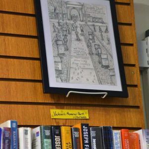Sketch of Veterans Park in Saugus by Joanie Allbee from the 2020 series is among those on exhibit in the Saugus Public Library this Month. (Courtesy Photo to The Saugus Advocate by Laura Eisener)