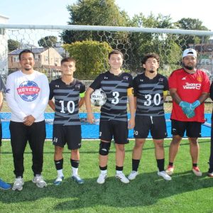 The RHS Patriots Boys Soccer Captains and Coaches Manny Lopes and Christian Mancia with Captains Brayan Medina, Noah Gaviria and Angel Ortez and Assistant Coaches Samuel Ochoa and Gerardo Rodriguez.