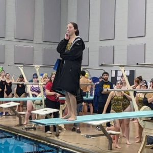 Sophia Nylin, of Malden, after she swam to first place in the 100-yard breaststroke at the State Vocational Championships swim meet on Feb. 2. (Courtesy Northeast Metro Tech)
