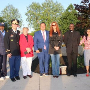 Speakers during Tuesday’s Memorial Day ceremony at Glendale Park, pictured from left to right: Senator Sal DiDomenico, Zion Church Ministries Senior Pastor Bishop Robert Brown, Keynote Speaker US Army Major John Michael Cristiano, Veterans Commissioner Jeanne Cristiano, Mayor Carlo DeMaria, First Lady Stacy DeMaria, Immaculate Conception Church Pastor Joseph Chacha Marwa, School Supt. Priya Tahiliani and State Rep. Joseph McGonagle.