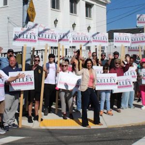 Bricklayers & Allied Craftworkers Local 3 and Teamsters Local 25 join local residents in support of Michelle Kelley candidate for re-election for Councillor at Large during a standout event at St. Mary's Church on Washington Ave earlier this month. (Courtesy photo)