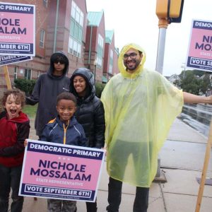 Candidate Nichole Mossalam is picrtured with her children – Yara, 5, Zain, 8, Nour, 14 – and her husband, Mohanad, and friends Benjamin, 8, and Katzia Small.