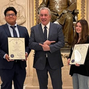 State Representative Joseph McGonagle welcomed Everett students Emerson Pineda Chacon and Sarah Tiberii to Student Government Day at the State House last week. (Courtesy photo)