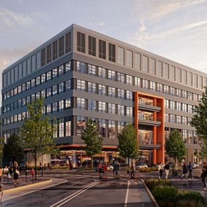 An architect’s rendering for 100 Salt Street, the first life sciences building at the project site. (Courtesy of HYM Investment Group)