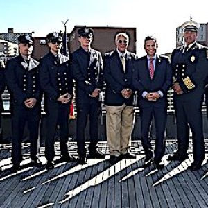 SWEARING IN: Pictured from left to right: Newly sworn-in Firefighters Scott Shreenan, Matthew Perry, Jayden Jean, Sean Tirrell, Kyle Shaw, Nicholas DiLeo and John-Charles Hanley; Malden Fire Commissioner Emery Haskell; Mayor Gary Christenson; Fire Chief Steve Froio; Lieutenant Kerry Howe; Captain Robert Hegarty; Captain Bradford Bianchi; and Deputy Chief Richard Menard.