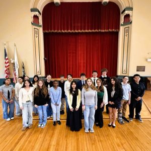 THE FUTURE OF SAUGUS: These young citizens are the Saugus Middle High School students who participated in Student Government Day in the second floor auditorium of Saugus Town Hall last Friday (May 1). They were joined by elected and appointed town officials, who offered guidance and advice to the young Saugus citizens, who participated in a mock School Committee meeting, a mock Board of Selectmen’s meeting and a mock Town Meeting, using agendas that were crafted for each of the sessions. Some of these students have ambitions of eventually serving their hometown as elected leaders of tomorrow. (Courtesy photo of Debra Panetta)