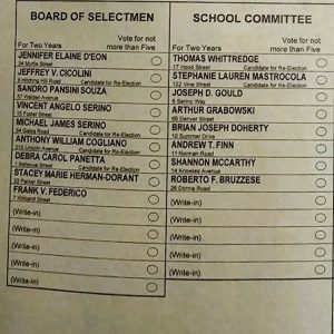 THE KEY RACES: Here is the placement of candidates on the sample ballot for the Board of Selectmen and School Committee contests. (Saugus Advocate photo by Mark E. Vogler)