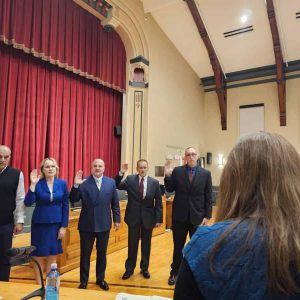 THE NEW BOARD OF SELECTMEN: Left to right: Vice Chair Anthony Cogliano, Chair Debra Panetta and Selectmen Jeffrey Cicolini, Michael Serino and Frank Federico were sworn-in last week (Nov. 5) by Town Clerk Ellen Schena. (Saugus Advocate photo by Mark E. Vogler)