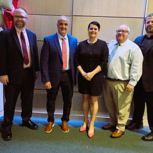 THE SAUGUS SCHOOL COMMITTEE: Left to right: Ryan Fisher, Committee Chair Vincent Serino, Stephanie Mastrocola, John Hatch and Committee Vice Chair Tom Whittredge. (Saugus Advocate file photo by Mark E. Vogler)