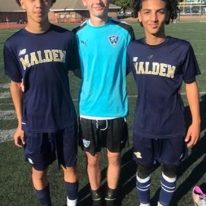 GOLDEN TORNADOS SOCCER TRIO: From left: sophomore Renato De Lima Serrao scored his first career goal; senior Thomas Tierney made nine saves, and sophomore Abdul Moukkaf played very well for the winners in a 1-1 tie with 8-4-5 Methuen at Macdonald Stadium in Malden.