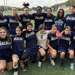 TORNADO TEAM: The 2025 Malden High School Varsity Girls Soccer Team includes (not in order) Captains Amelia Berliner, a junior and Brenda Darisse, a senior; seniors Mercedes Costa Aispuro, Thalyta Andrade and Maria Couto Martins and juniors Imane Agoumad, Meriam Bouchtout, Ava Lacasse, Maya Pedraze-Alexander, Nyla Pierre and Sofia Vargas; sophomores Briana Darisse and Wiam Saadiouni and freshmen Sofia Leno, the starting goalkeeper, and Gabrielle “Gabby” Sanchez Martinez. (Courtesy/Malden Public Schools Athletics)