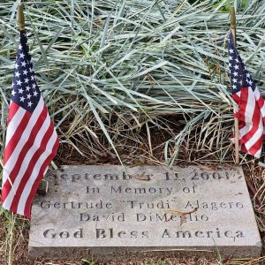 TWO FORMER SAUGUS RESIDENTS WHO PERISHED: A monument on the Hamilton Street side of Saugus Town Hall pays tribute to Gertrude “Trudi” Alagero and David DiMeglio, who were among the 2,753 victims in New York City during the Sept. 11, 2001, terrorist attack on the World Trade Center Towers. (Saugus Advocate photo by Mark E. Vogler)