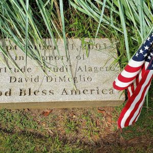 TWO FORMER SAUGUS RESIDENTS WHO PERISHED: A monument on the Hamilton Street side of Saugus Town Hall pays tribute to Gertrude “Trudi” Alagero and David DiMeglio, who were among the 2,753 victims in New York City during the Sept. 11, 2001, terrorist attack on the World Trade Center Towers.