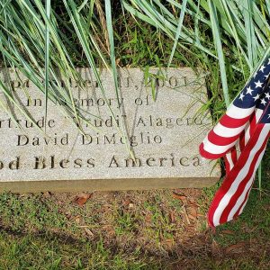 TWO FORMER SAUGUS RESIDENTS WHO PERISHED: A monument on the Hamilton Street side of Saugus Town Hall pays tribute to Gertrude “Trudi” Alagero and David DiMeglio, who were among the 2,753 victims in New York City during the Sept. 11, 2001, terrorist attack on the World Trade Center Towers. See inside for a story and related photos. (Saugus Advocate file photo)