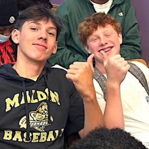 TWO THUMBS UP: Malden High School freshmen Ryan Bowdridge (left) and Tommy Cronin (right) seemed right at home on their first day of school as members of the Class of 2027. (Advocate Photo)