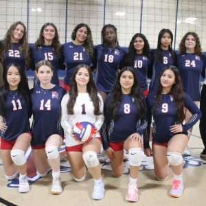 TOURNEY-BOUND: RHS Patriots Varsity Volleyball Team, shown front row, from left to right; Jade Dang, Anna Doucette, Samantha Indorato, Susan Lemus Chavez and Samantha Hoyos Tobon. Shown back row, same order; Assistant Coach Raela Berry, Shayna Smith, Dayana Ortega, Danna Canas, Samarah Meristal, Valery Echavarria, Liv Yuong, Lea Doucette and Head Coach Emilie Hostetter.  (Advocate photo)