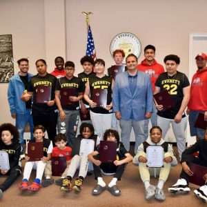 Mayor Carlo DeMaria congratulated the 7th Grade Boys Travel Basketball Team at City Hall for winning the New England Tournament Championship.