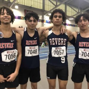The Revere boys track 4x200 meter relay team, pictured from left to right: Geo Woodard, Oliver Escobar, Jeremy X and Yousef Benhamou.