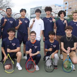 Shown back row, from left to right, are: Nick Barry, Indrit Tamizi, Vic Cisneros, and Steven Espinal. Shown top row, from left to right, are: Head Coach Michael Flynn, Raihan Ahmed, Ethan Men, Vincent Phan, Nick Aguiar, Abbes Ghiat, John Barry during their match against the Medford High School Mustangs on Monday afternoon at Gibson Park. Missing from photo: Rayan Elmzabi.