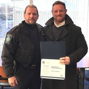 On January 8, Malden Police Chief Glenn Cronin presented MPD Officer Larry McGahey with a Certificate of Appreciation for his 28 years of dedication to the citizens of Malden. “I know I speak for everyone in this department when I say it was an honor to work with Larry over the years. Congratulations on your retirement, Officer McGahey!” Chief Cronin said at a ceremony held at the Malden Police Station at 500 Eastern Ave./Rt. 60. (Courtesy Photo/Malden Police Department)