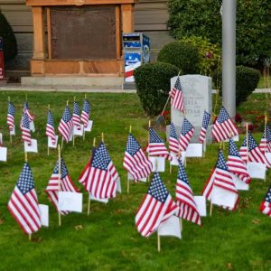 The annual Field of Flags on the Town Hall lawn was put up this week by the Parson Roby Chapter of the Daughters of the American Revolution. Individuals sponsored flags in memory or in honor of individual veterans. (Photo courtesy of Laura Eisener)