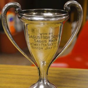 The Inscription on this trophy reads “won by Sagus High School, Sagus Mass. American Sweet Pea Society’s Exhibit Boston July 19 1912.” (Courtesy photo to The Saugus Advocate by Laura Eisener)