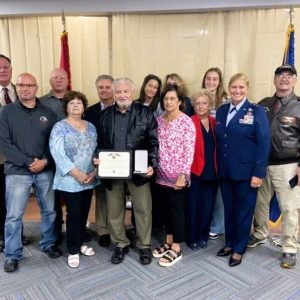 The Saugus contingent attending last Saturday’s Medal of Liberty presentation to 11 Massachusetts veterans who died for their country included family members of US Army SSG Arthur F. DeFranzo, veterans officials and representatives of local veterans groups. Left to right: Front row: VFW Commander Keith McDonald, Gold Star Wife Pamela Hart, nephew Arthur DeFranzo, niece Linda Call, Parson Roby DAR member Janice Jarosz, M.G. Virginia Gaglio and VFW member Lloyd Sayles; back row: Saugus Veterans Service Officer Major (Retired) Paul Cancelliere, VFW President Joseph Roussin, nephew Gary Walsh and nieces Pamela MacDonald, Colby Zeltmann and Tessa MacDonald. Missing due to illness: niece Joanne Olsen. (Courtesy photo to The Saugus Advocate)