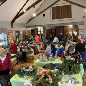 The hall was bustling with activity at the Saugus Garden Club’s wreath decorating workshop on Saturday. (Photo courtesy of Donna Manoogian)