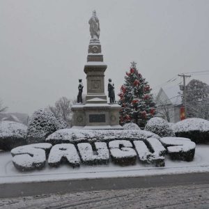 The monument in Saugus Center stands out in winter splendor. (Photo courtesy of Laura Eisener)