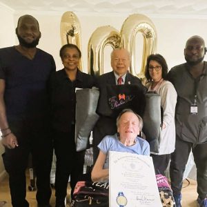 The staff at Rubin House joined in the birthday celebration with Antonetta D’Alessandro. (Courtesy photo to The Saugus Advocate)