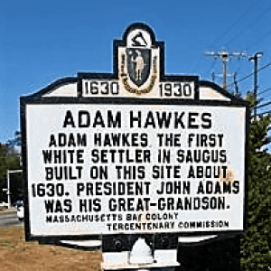 This historical Marker on Walnut Street near Route 1 chronicles the role of a Saugus founder – Adam Hawkes. (Courtesy photo to the Saugus Advocate)