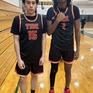 Liam Dorosario and Jaysaun Coggins are shown together after leading their teammates to victory at Lynn Classical last Thursday night, 58-51. They were then named Players of the Game by head coach Gerard Boyce. (Courtesy photo)