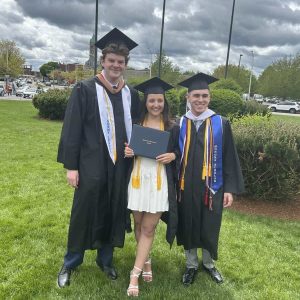 Pictured from left to right: UMass Lowell graduates Nick Israelson, of Saugus, Grace Foley, of Wilmington, and Jake Horgan, of Saugus took a break after receiving their diplomas. Foley is Horgan's cousin. (Courtesy photo to The Saugus Advocate)