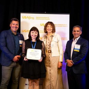 MVES Clinical Services Director Lisa Jimenez (second from left) is pictured accepting the Aging Achievement Award at USAging’s annual conference. Also shown are USAging Board President Pam Curtis (second from right) and award sponsors Caregiving.com CEO Michael Eidsaune (left) and Cumulus.care President Tom Laba (right).