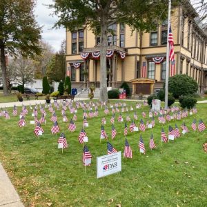 VETERANS DAY FIELD OF FLAGS: To honor veterans on Veterans Day, the Parson Roby Chapter of the DAR has planted an arrangement of flags on the front lawn outside Saugus Town Hall. (Courtesy Photo of Joanie Allbee)