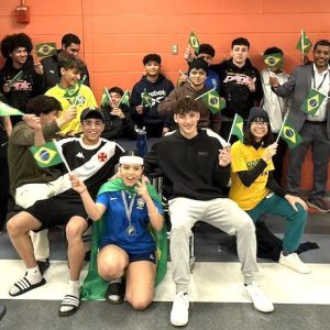VIVA BRAZIL: Many Malden High students who are from Brazil proudly display their native country’s flag during lunch period. (Courtesy/Malden Public Schools)