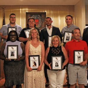 VOKE SCHOOL SPORTS GREATS: Those who were inducted into the Northeast Metro Tech Athletic Hall of Fame stood together for a group photo on Wednesday, Aug. 9. (Courtesy photo to The Saugus Advocate by Northeast Metro Tech)