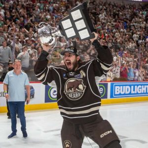 Mike Vecchione of Saugus triumphantly hoisted his second-straight Calder Cup over his head for the AHL’s Hershey Bears (of Pennsylvania) after he and his teammates defeated the Coachella Valley Firebirds in Game 7 to win the title, 5-4, in overtime late last month. Both teams also hooked up last year in the finals, with the Bears coming out on top in overtime, 3-2, when Vecchione scored the clincher. (Courtesy photo/Tori Hartman/Hershey Bears)