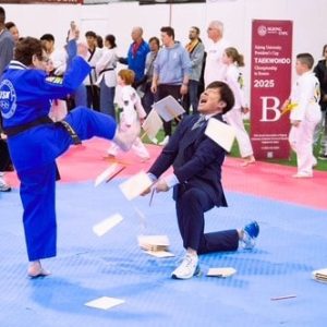 Virginia Rooney: a smashing success. The 83-year-old Saugus resident won first in Poomsae and first in Breaking during the President Cup Tournament at Danvers Sun Taekwondo Academy. (Courtesy photo to The Saugus Advocate)