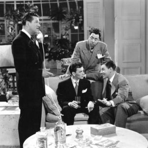 From the 1944 movie “Step Lively,” starring Frank Sinatra: Pictured from left to right are Malden boy Wally Brown, Frank and George Murphy seated with Wally’s comedic partner Alan Carney standing.