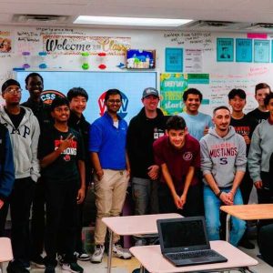 WIN Waste Innovations Saugus Plant Manager Elliott Casey recently gave a talk to these students at Pioneer Charter School of Science II in Saugus. (Courtesy photo to The Saugus Advocate)