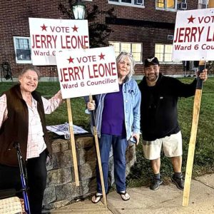 Ward 6 sign holders at the 630 Salem Street Housing polling place are supporting City Council candidate Jerry Leone, who finished second in the preliminary election and now advances to the General Election on November 4. (Advocate Photo)