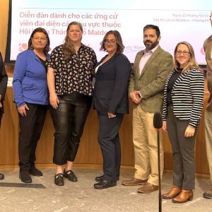 WARD COUNCIL CANDIDATES: At the ACDC Malden Ward City Councillor Candidates Forum on Monday night, from left: Moderator Leverett Wing of Commonwealth Seminar and candidates Ward 1 incumbent Peg Crowe, Ward 1 challenger Brynn Garrity, Ward 5 incumbent Ari Taylor, Ward 4 incumbent Ryan O’Malley, City Council President and Ward 3 incumbent Amanda Linehan and Ward 6 incumbent Stephen Winslow. (Advocate Photo)