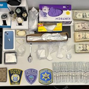 Cocaine, jewelry, cash and fraudulent identification were seized Thursday when Winthrop Police, Revere Police and the Suffolk County Sheriff’s Department served a search warrant on a home in Revere. (Photo Courtesy Winthrop Police Department)