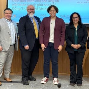 Taking part in the Malden Councillor At Large Candidates Forum on Monday were, from left, ACDC Moderator Leverett Wing, incumbent Councillor Craig Spadafora, challenger Solomon Davidoff, incumbents Carey McDonald and Karen Colón Hayes and challenger Michelle Luong. (Advocate Photo)