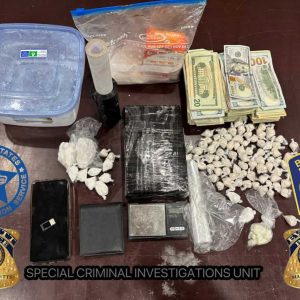 Pictured is the evidence confiscated by the Everett Police Department’s Special Criminal Investigations Unit that led to the arrests of three individuals. (Courtesy of Everett Police Dept.)