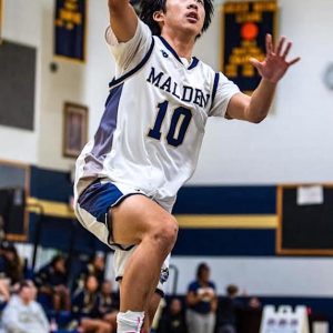 Malden sophomore guard Ethan Phejarasai (10) scored a career-high 23 points in a 57-53 win over Medford on the road Jan. 4. (Advocate Photo/Henry Huang)
