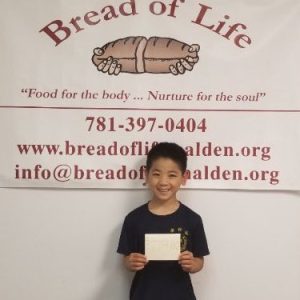 Bread of Life had a special benefactor recently. Malden resident Kobe, just 9 years old, organized a fundraiser, Kobe’s Run for the Homeless, and raised $779 for Bread of Life. He stopped by the temporary headquarters on Madison Street this week to drop off the money raised. Thank you for brightening the day and helping Bread of Life families!